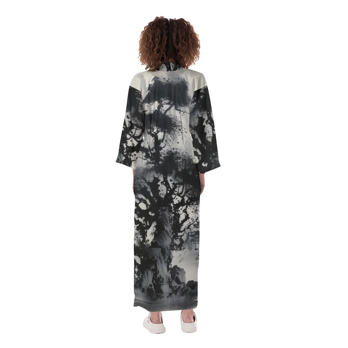 Women's Long Satin Kimono Robe, B-W Japanese Art-Inspired Watercolor, Trees Pagoda