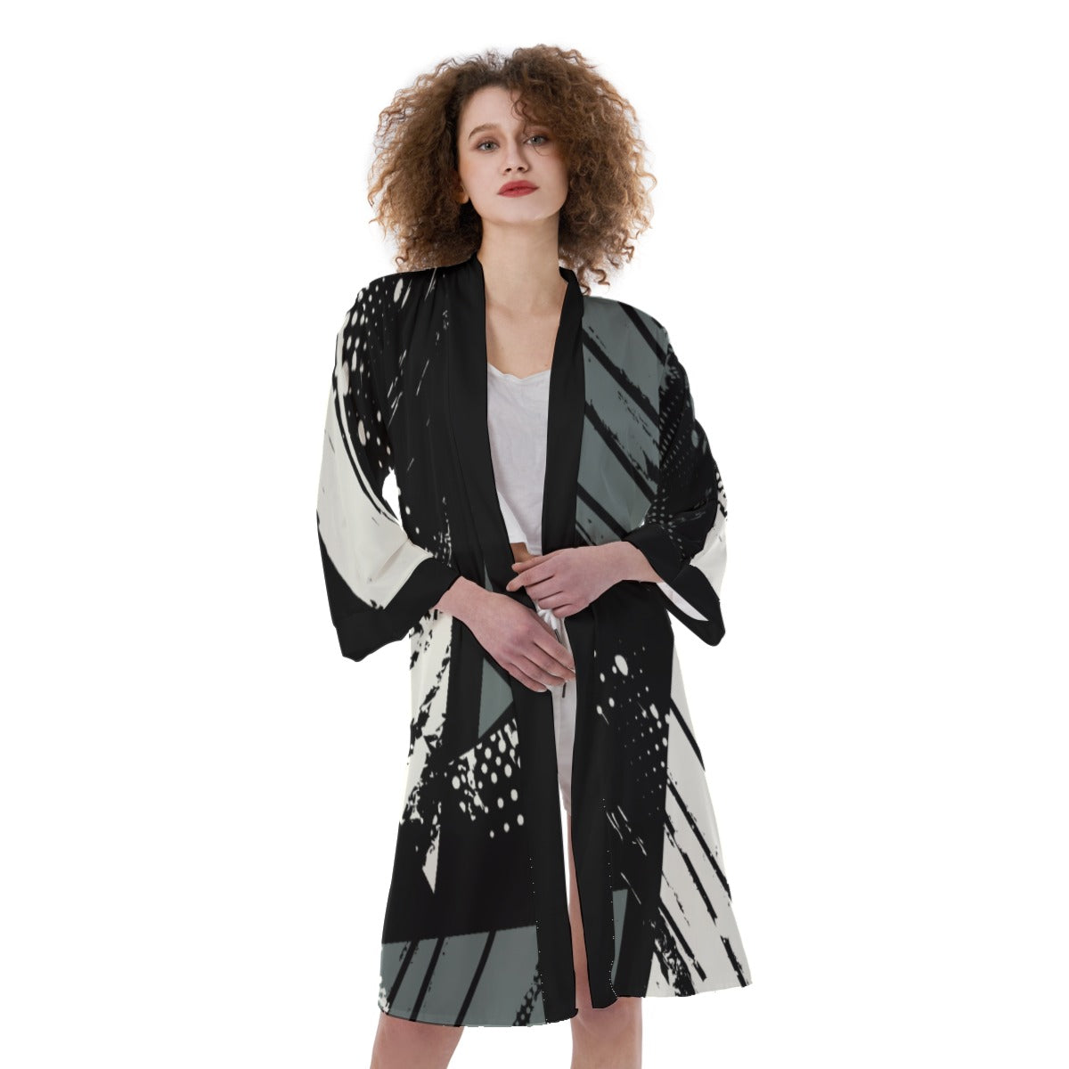 Women's Satin Kimono Robe, Blk -Grey Graffiti