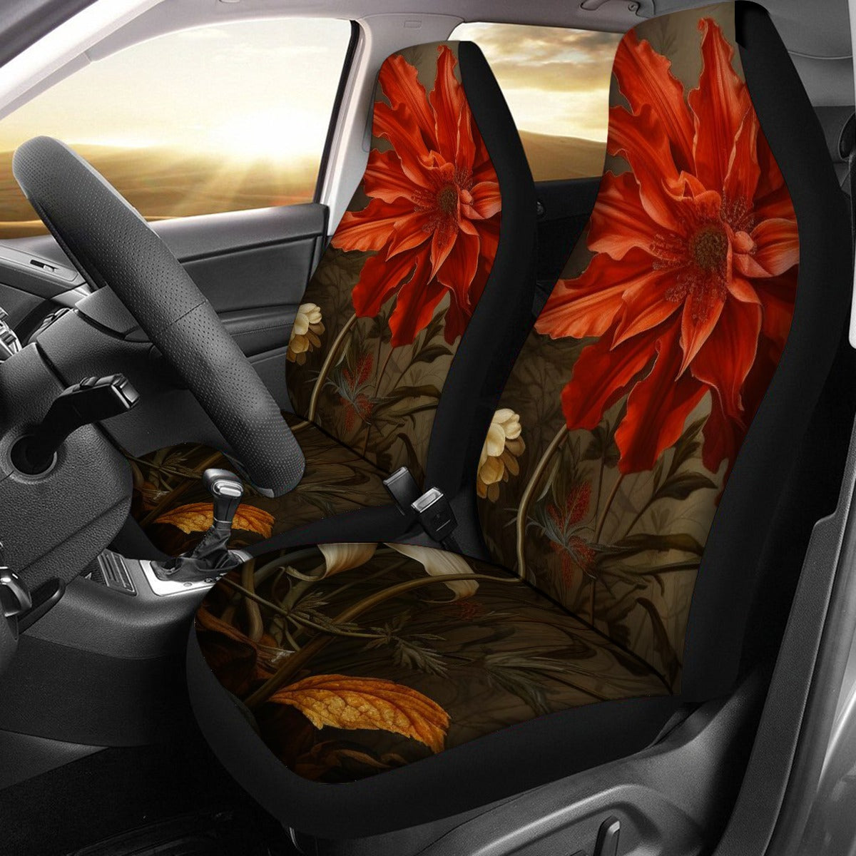 Universal Car Seat Cover With Thickened Back, Big Freakin' Flowers - Vermilion-Gold Leaf01