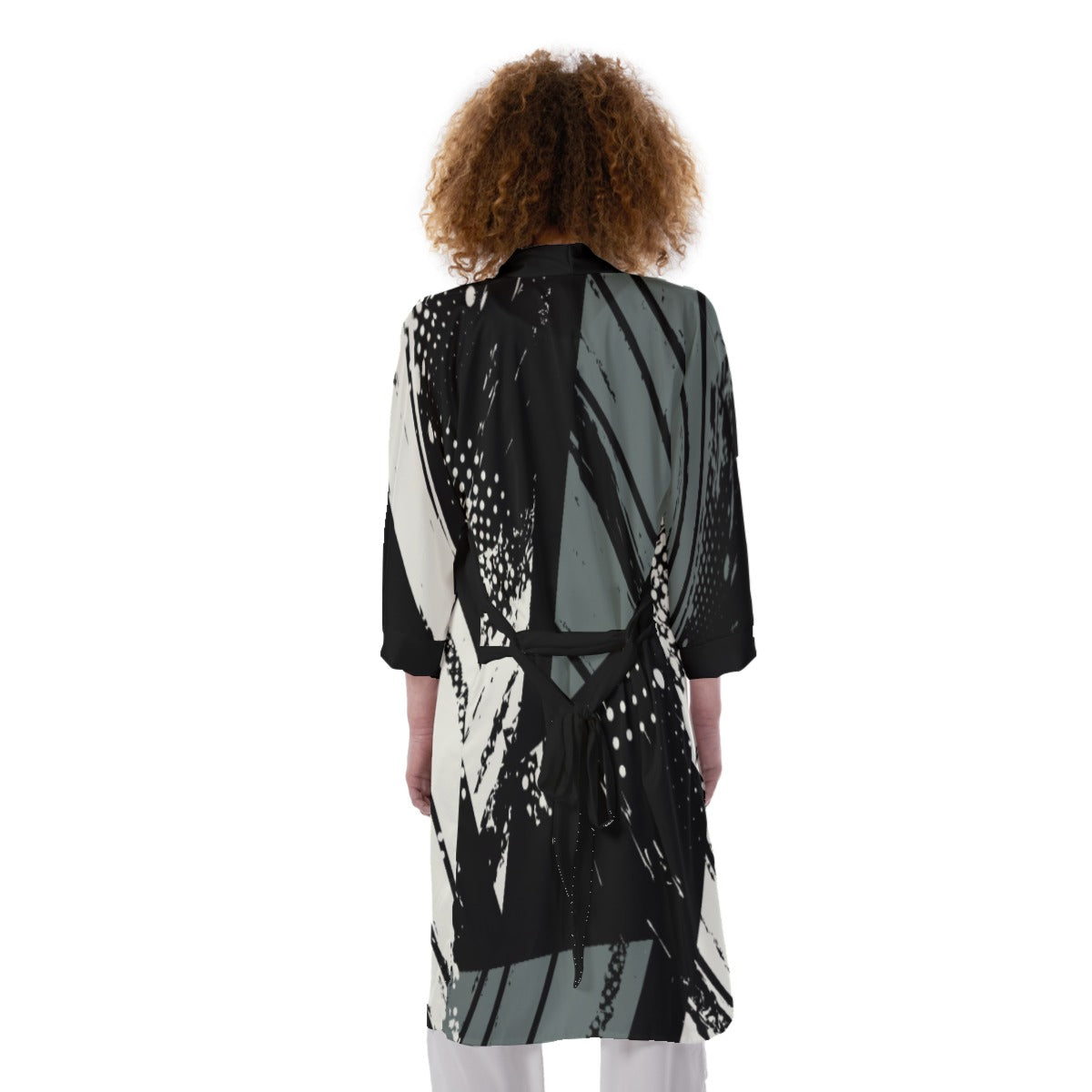 Women's Satin Kimono Robe, Blk -Grey Graffiti