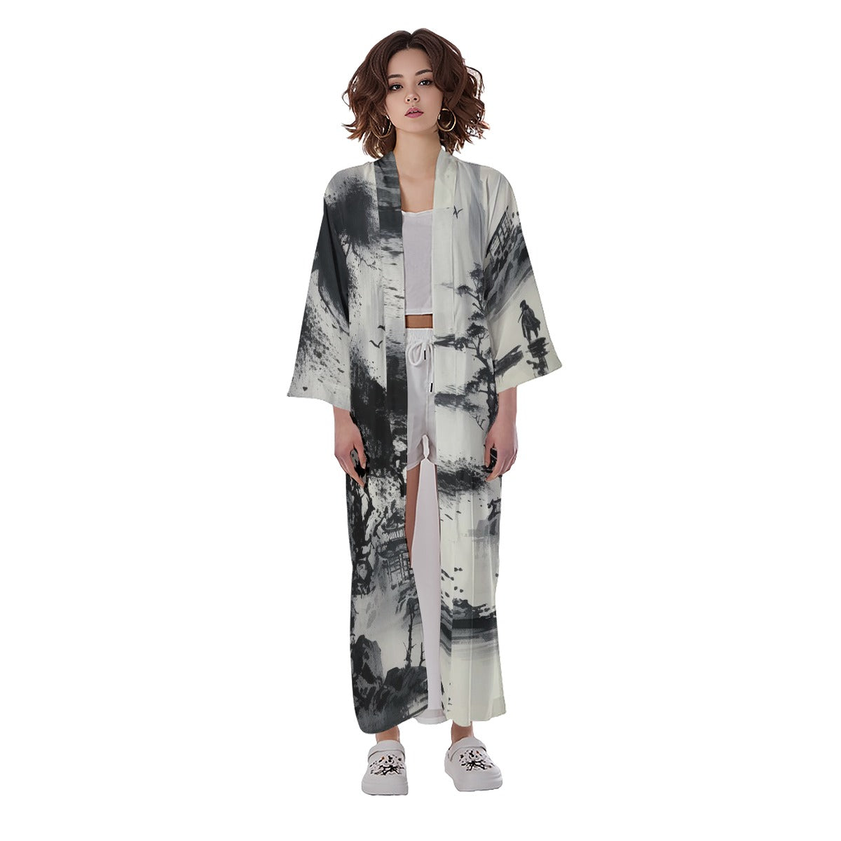 Women's Long Satin Kimono Robe, B-W Trees Pagoda 02