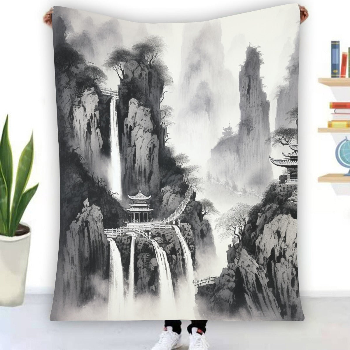 Flannel Blanket, Single-Side Print, Five Waterfalls B/W Muted Watercolor 01