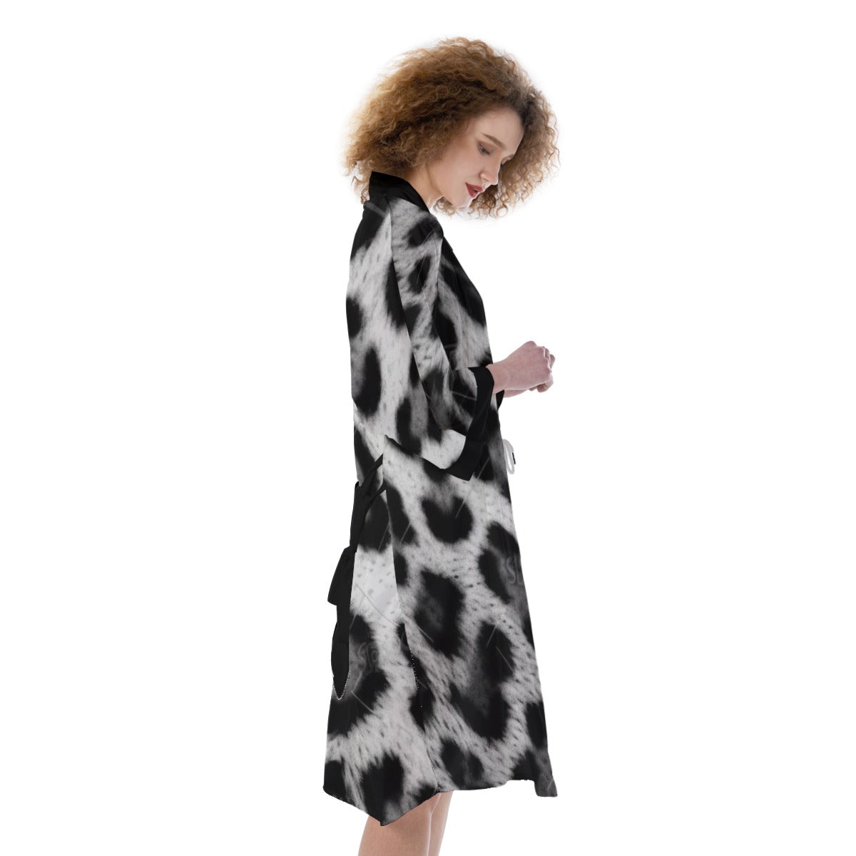 Women's Satin Kimono Robe, Blk - Grey Pseudo Leopard