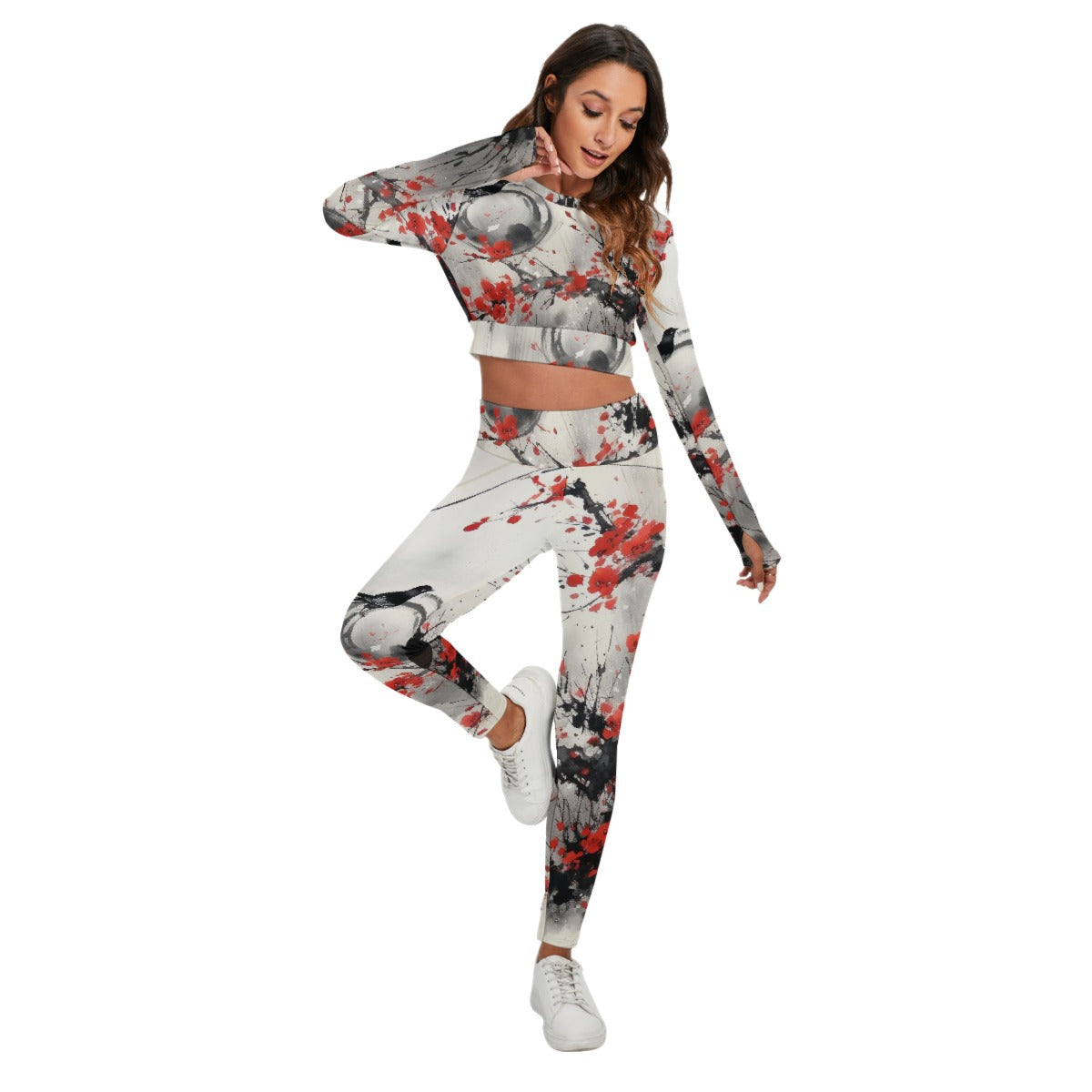 Women's Sport Set With Backless Top And Leggings, Asian Watercolor - Red Accent