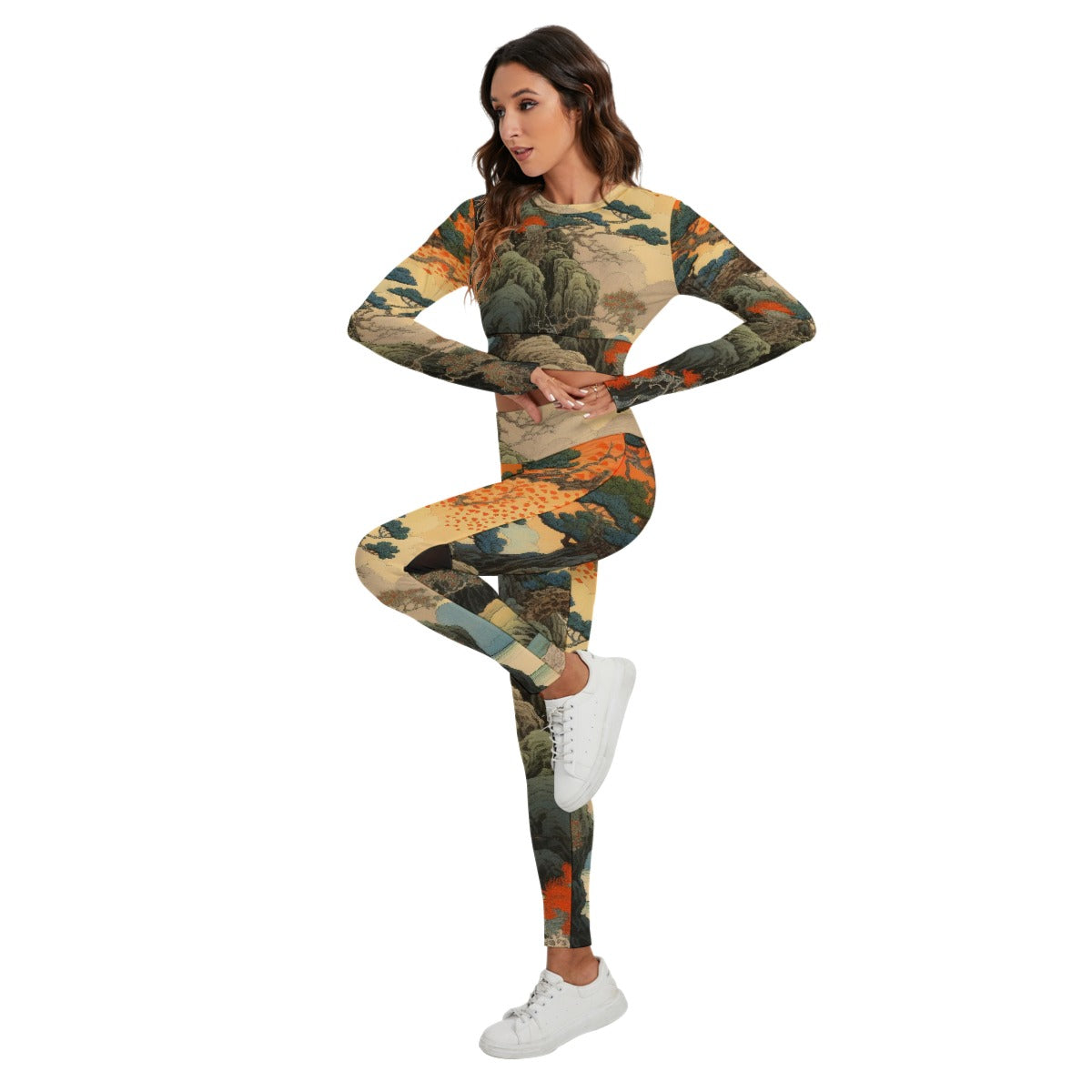 Women's Sport Set With Backless Top And Leggings, Asian Watercolor Sunset 01