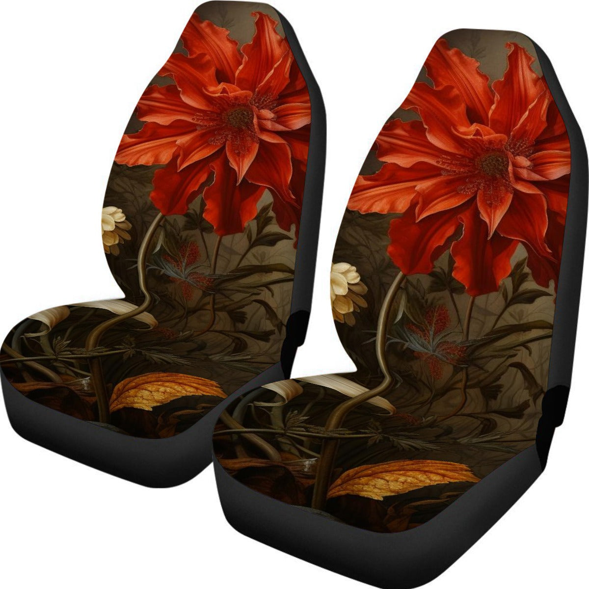 Universal Car Seat Cover With Thickened Back, Big Freakin' Flowers - Vermilion-Gold Leaf01