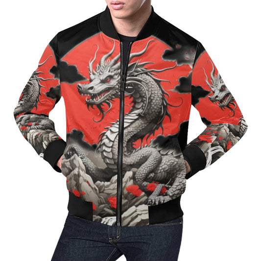 Chinese New Year 2024, Year of the Dragon, Red-Wht 02, AOP Bomber Jacket for Men